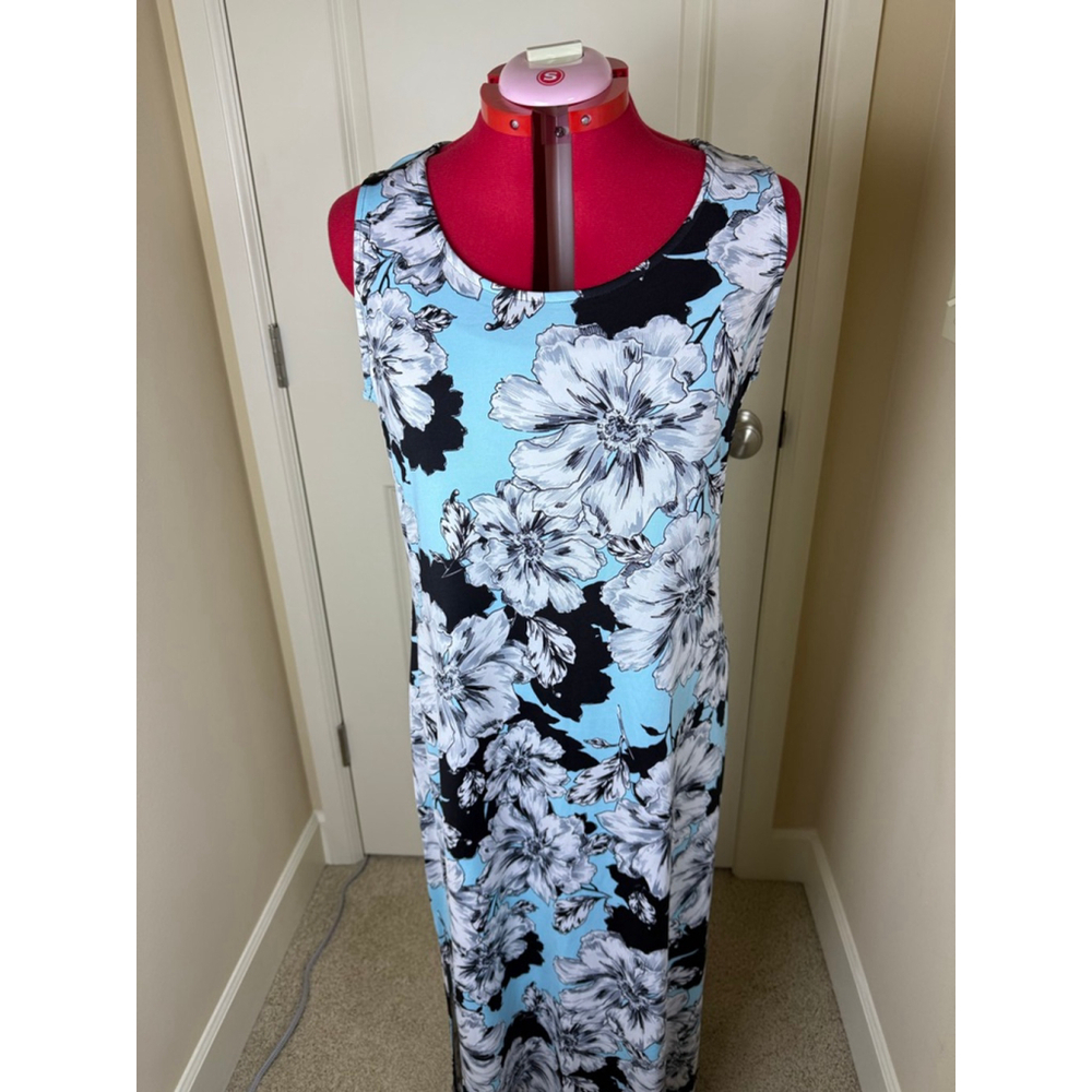 NWT Women's Nina Leonard Blue Black White Floral Sleeveless Maxi Dress XL - Picture 2 of 10